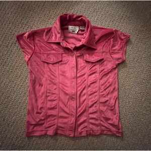 VTG One Step Up Hot Pink Velour Snap Front Top Womens L Y2K